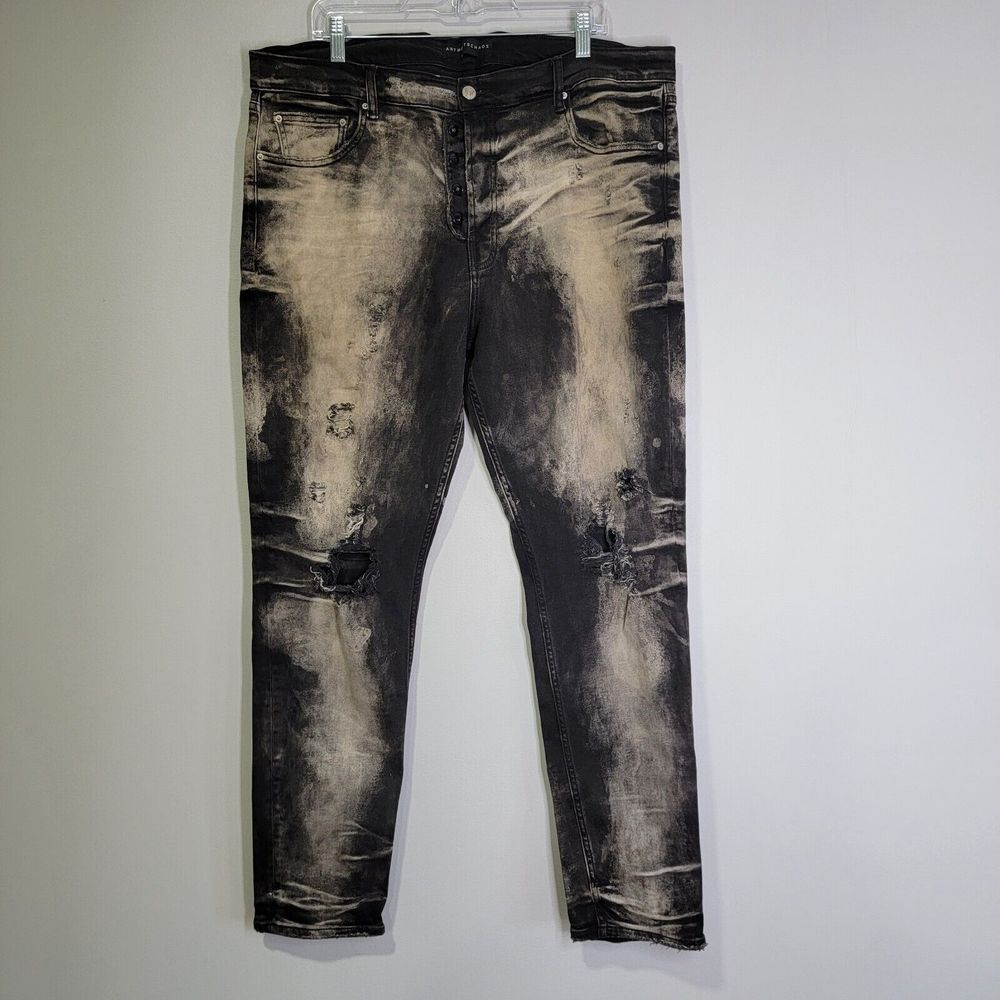 Art Meets Chaos Destroyed‎ Black Gray Jeans Mens 42x32 Button Fly Hipster Grunge